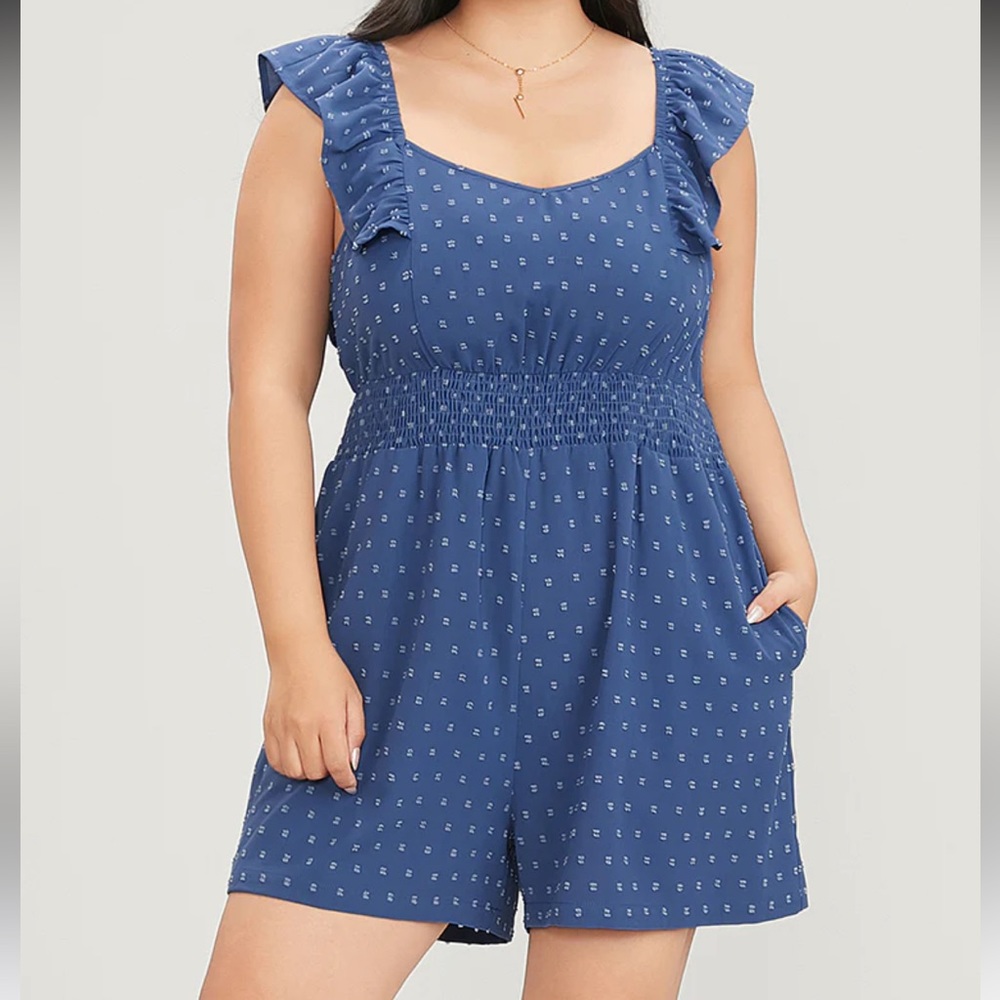 Polka Dot Pocket Shirred Ruffle Trim Cami Romper
